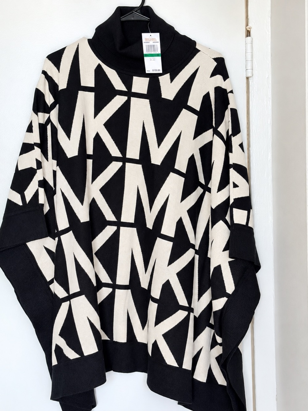Michael Kors Black & Cream MK Logo Turtleneck Poncho Sweater